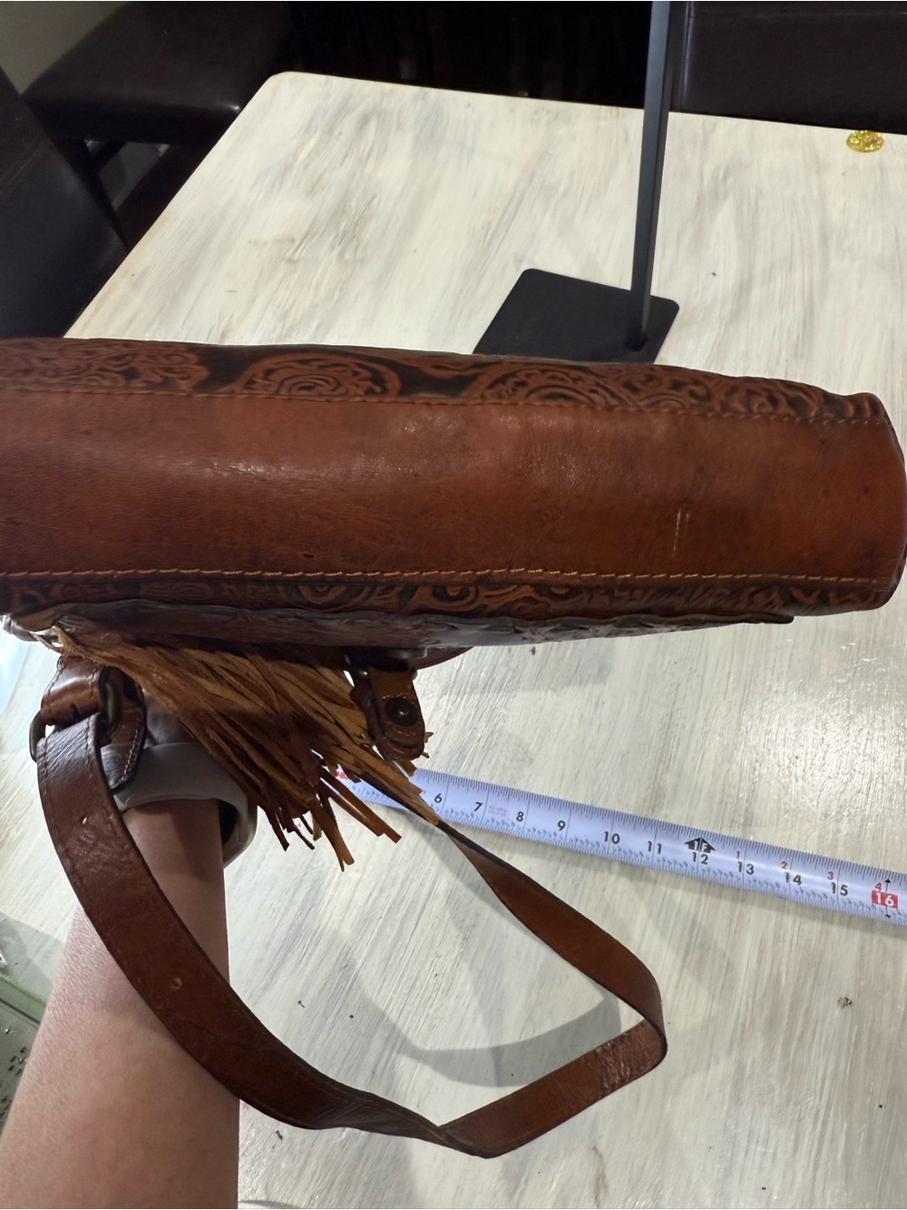 Patricia Nash Chestnut Tooled Leather Crossbody with Tassel - Picture 13 of 13